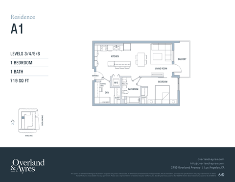 A floor plan for a residence labeled A1 shows a bedroom, bath, living room, dining room, and kitchen.